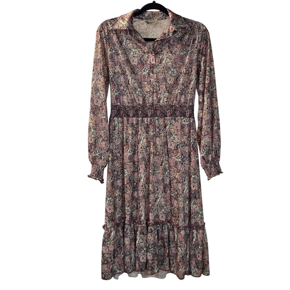 Vintage 70s Ms. Sugar Purple Pink Cottagecore Floral Midi Dress Secretary Medium